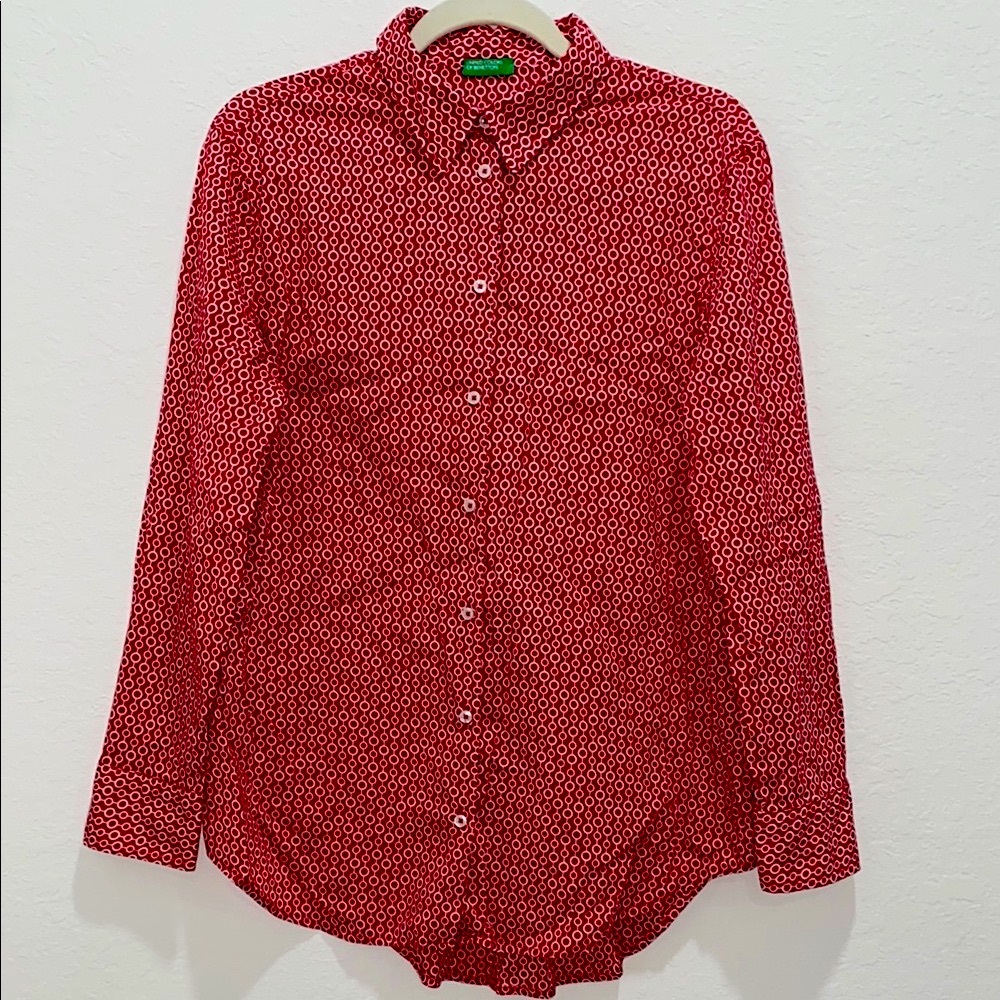 United Colors of Benetton-Red & White-Long Sleeve Cotton Button Down Top-Small